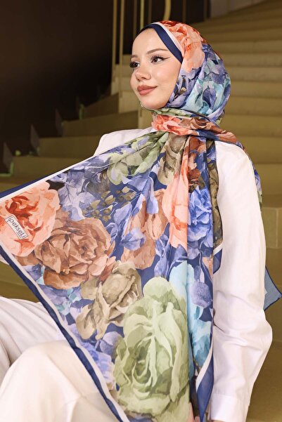 benguen شال منقوش باللون الأزرق الداكن İpk111