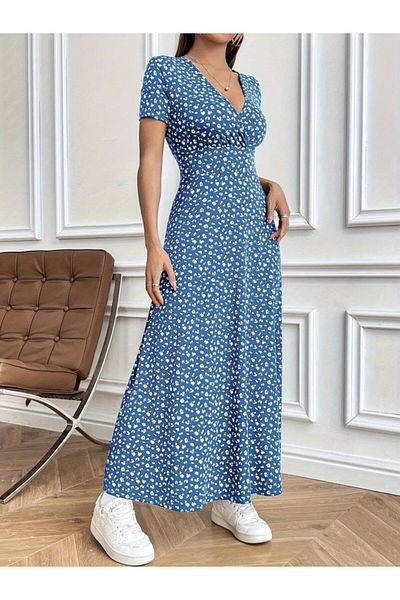 Modayakamoz Rochie de damă cu mâneci scurte, cu guler dublu, cu imprimeu floral, sezon nou