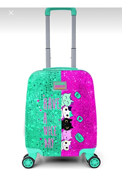 LUX LAZER ÇANTA Kids Pembe Su Yeşili Kedi Desenli Çocuk Valizi