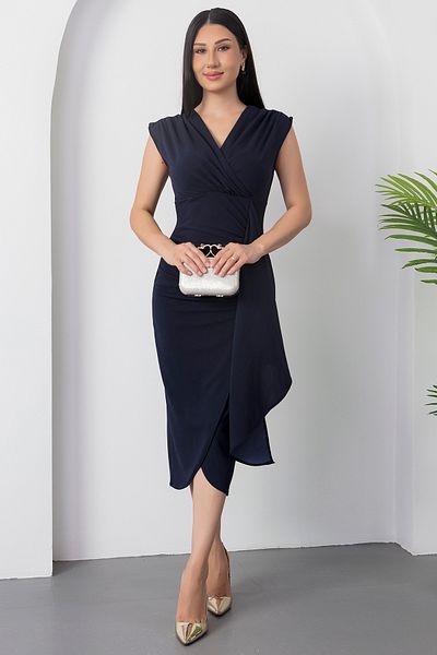 PULLIMM Double Breasted Neck Ruffle Crepe Dress Dks1262