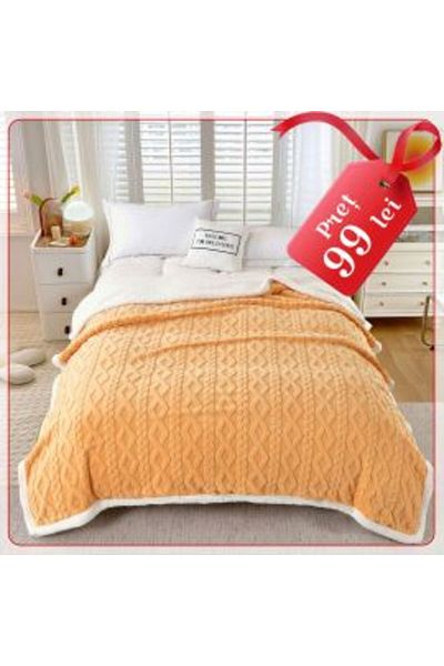 Ralex Pătură cu blană artificială, model tricotat pentru pat dublu, 200 x 230 cm, galben muștar
