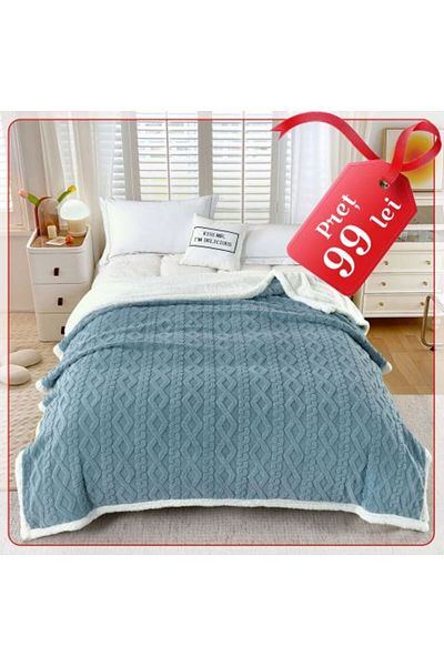 Ralex Fleece blanket, knitted pattern, for double bed 200 x 230 cm, Blue