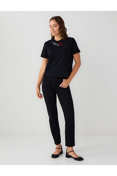 Jimmy Key Black 100% Cotton Crew Neck Floral Pattern T-Shirt