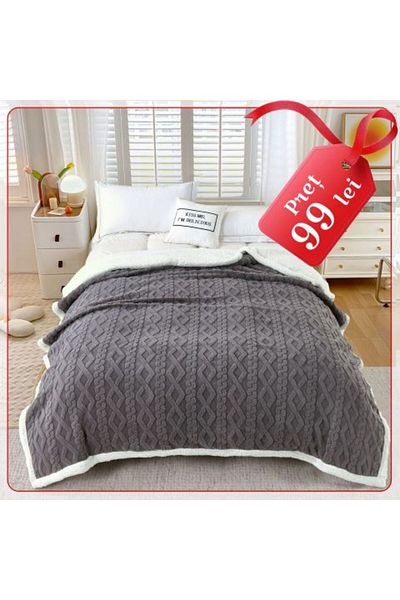 Ralex Blanket with fleece knitted pattern, double bed 200 x 230 cm, Grey