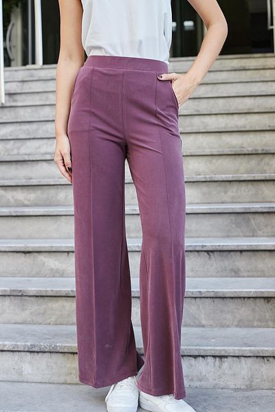 Jument Pantaloni palazzo cu talie înaltă din țesătură modal mătăsoasă din lycra pentru femei, cu buzunare cusute în față, cu picioare largi - roșu claret