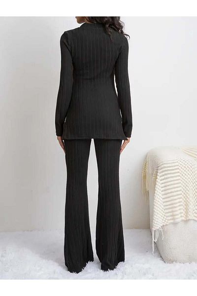 modamtn Women's Long Sleeve Round Neck Side Slit Detailed Raised Camisole Blouse and Trousers Double Set