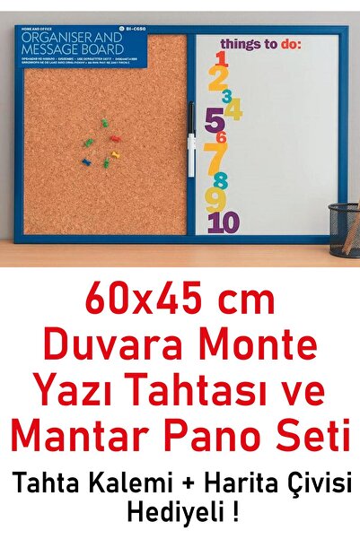 Eser kırtasiye 60x45 Duvara Monte Mantar Pano ve Yazı Tahta Seti + Harita Çiv...