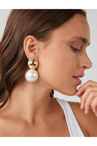 Jimmy Key Gold Color Ball Pearl Detailed Shiny Earrings