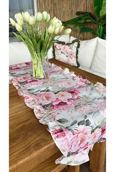 Decamor home Runner cu model floral cu volane roz ecru