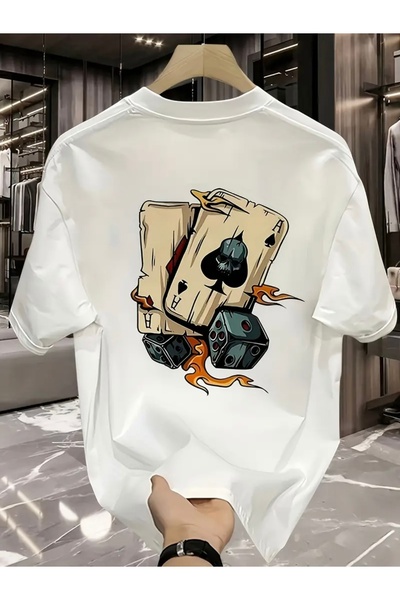 FUFLUNS تي شيرت برقبة دائرية كبيرة الحجم مطبوع عليه ورق سكيمبل ونرد