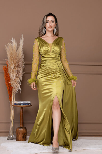 BEYBOS Rochie de pește din țesătură satinată cu mâneci și detaliu de mărgele ...