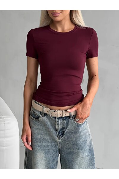 Genel Markalar Kadın Pamuklu Yazlık Rahat Body T-shirt Bordo