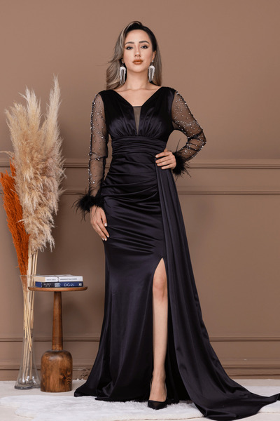 BEYBOS Saten Kumaş Kolları Otrişli Boncuk Detaylı Balık Elbise - SİYAH