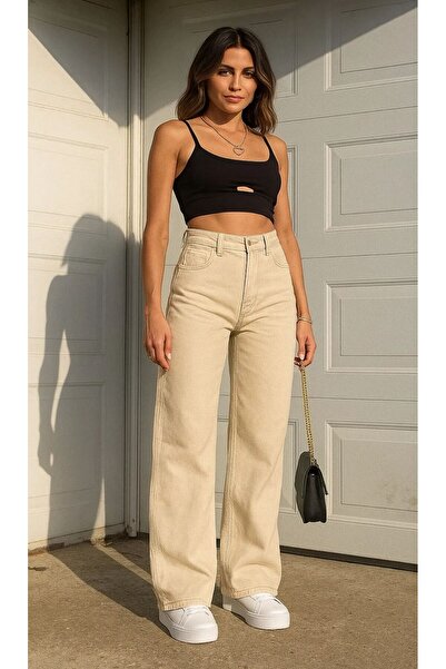 Shield Life Vizyon Geniş Paça Pantolon Krem Yüksek Bel Rahat Paça