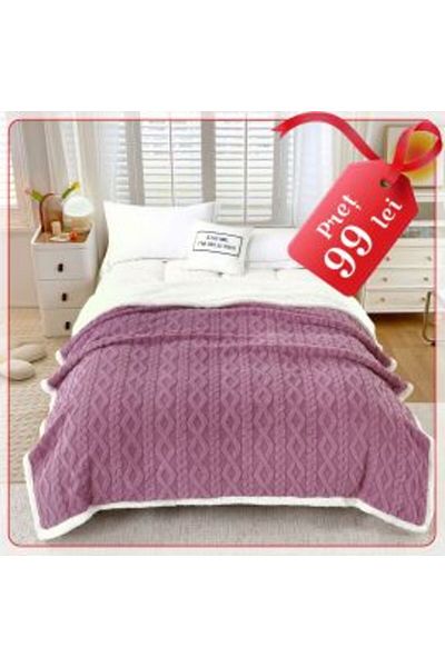 Ralex Blanket with Fur Tricot Pattern, Double Bed 200 x 230 cm, Lilac