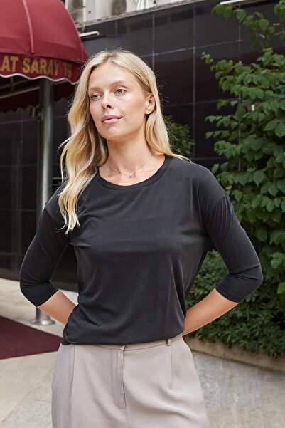 Jument Γυναικεία ποιοτική Modal Stretchy Fabric Wide O-Neck Capri με μανίκια τριών τετάρτων ελαφριά χαλαρή μπλούζα-μαύρο