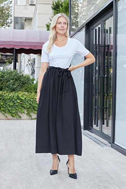 Jument Women's Linen Detailed Top Part Lycra Short Sleeve Gathered Waist Long Dress-Black White