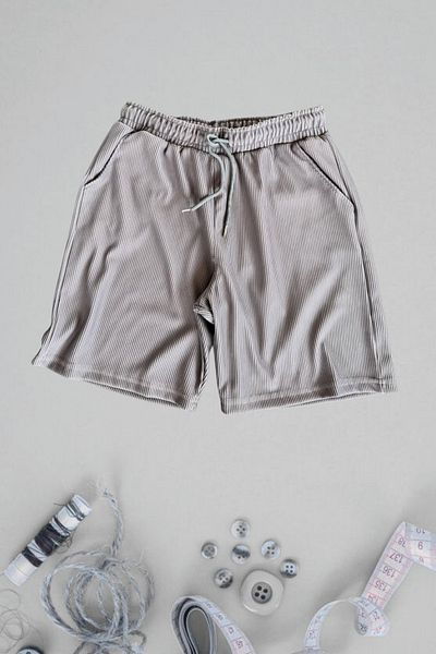 Ferhatlı Women's Men's Corded Shorts Ottoman Fabric Seasonal Lycra Lace-Up Shorts with Pockets