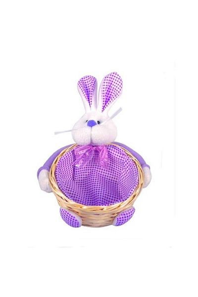 OEM Coș decorativ de Paște cu iepure de pluș 3D, în carouri alb/violet