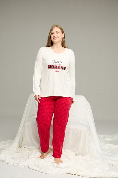 Siyah İnci Ecru Patterned Curve Large Size Oversized Cotton Pajama Set25240791
