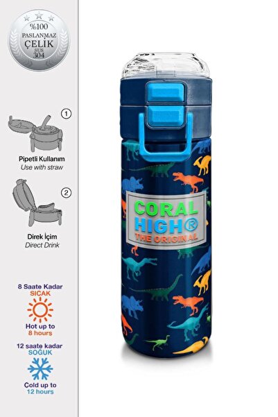 Coral High Kids Lacivert Mavi Dinozor Desenli Pipetli ve Direkt İçim Çelik Te...