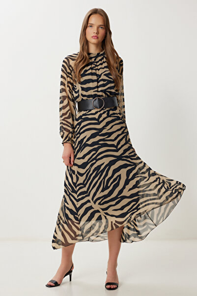 Lovelyİstanbul Šifonové šaty s páskem a vzorem LFG0073 ČERNÝ KRÉMOVÝ