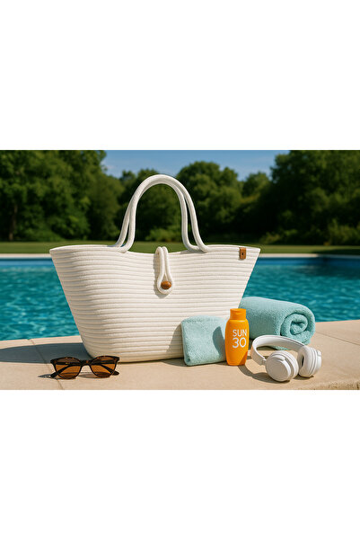 Efuliz Home Jute Straw White Color Beach Bag, Daily Short Handle Shoulder Bag, Handmade Natural Trend Bag