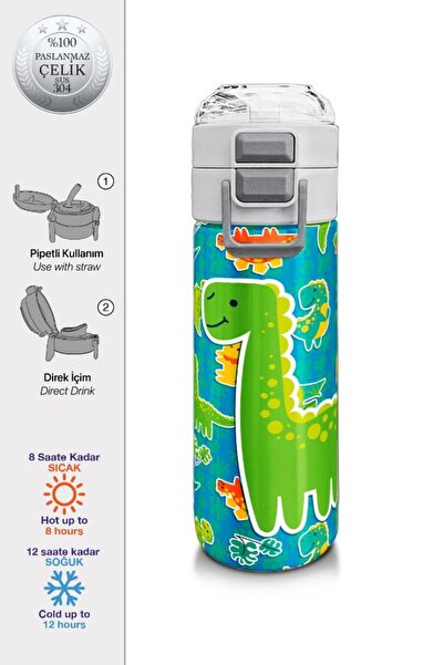 Coral High Kids Mavi Yeşil Dinozor Desenli Pipetli ve Direkt İçim Çelik Termo...