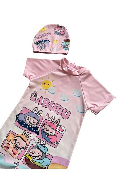 Şekerkids Girl's Pink Color Labubu Patterned and Checkered Jumpsuit Swimsuit