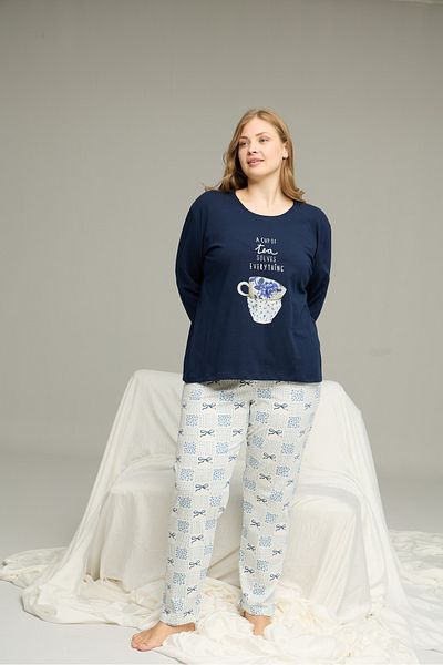 Siyah İnci Navy Blue Patterned Curve Large Size Battal Size Cotton Pajamas Suit25240761