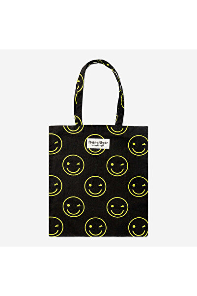 Flying Tiger Copenhagen Gülen Yüz Desenli Siyah Bez Çanta