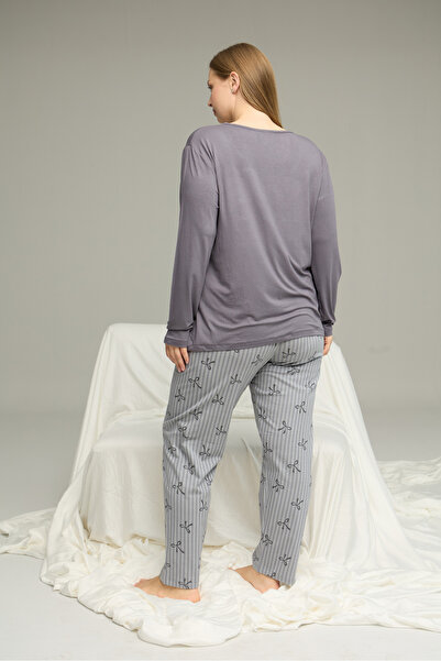 Siyah İnci Gray Pattern Curve Large Size Battal Size Cotton Pajamas Suit25240833