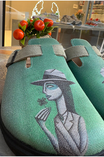 Lemoors Justine Natural Cork Sole Inner Genuine Leather Green Color Printed over Canvas Sabo Slippers