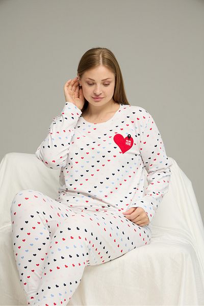 Siyah İnci White Pattern Curve Large Size Battal Size Cotton Pajamas Suit25240771