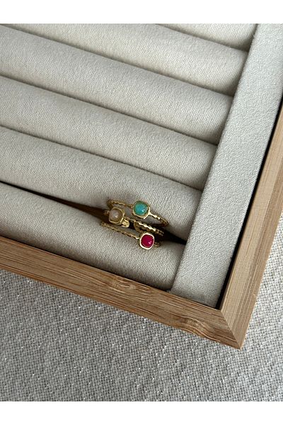 ringbox Three Rows of Colored Stones Steel Tarnish-Free Ring