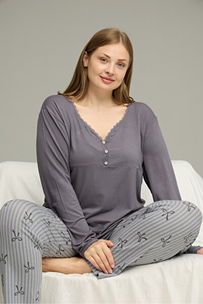 Siyah İnci Gray Pattern Curve Large Size Battal Size Cotton Pajamas Suit25240833