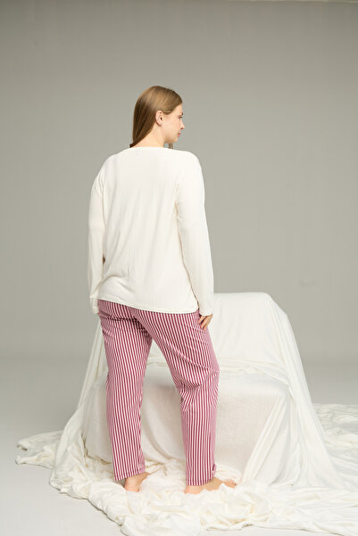 Siyah İnci Ecru Patterned Curve Large Size Oversized Oversized Cotton Pajamas Set25240821