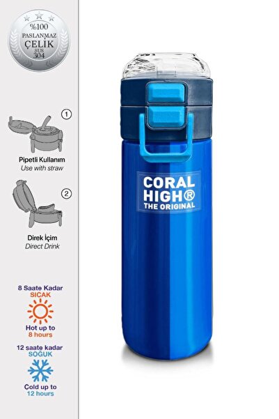 Coral High Kids Renkli Çizgili Desenli Pipetli ve Direkt İçim Çelik Termos 50...