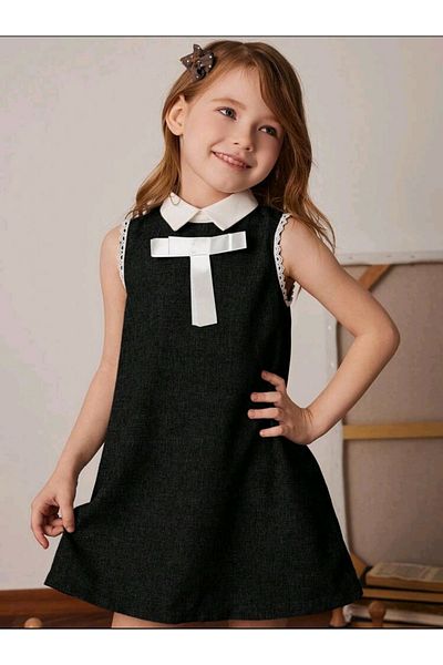 OEM Rochita fete, scoala, gradinita, cu guler polo si fundita, neagra, 7 ani, 122 cm