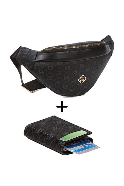 Newish Polo Women's Patterned Mechanism Wallet and Waist and Shoulder Bag with Cross Shoulder Strap - Black- New345