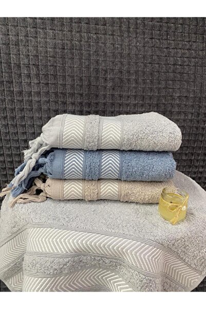 Teksev Lora 3-Piece Hand and Face Towel Set – 50X90 cm 100% Cotton, Soft Textured, Knitted Fringed