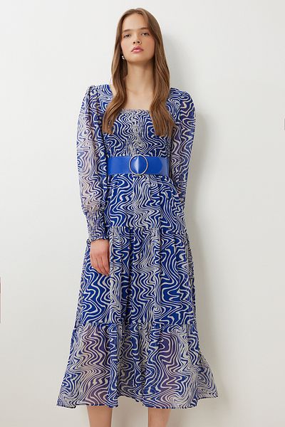 Lovelyİstanbul Rochie din șifon cu volan cu model cu centură LFG0058 BLUE BONE