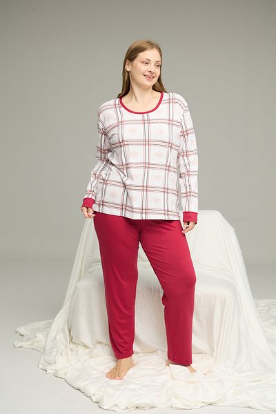 Siyah İnci Plaid Curve Large Size Oversize Cotton Pajamas Suit25240838