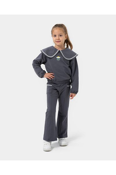 Magu Girl's Cotton Gray Floral Embroidered Wide Collar Sweat and Flared Leg Trousers Set