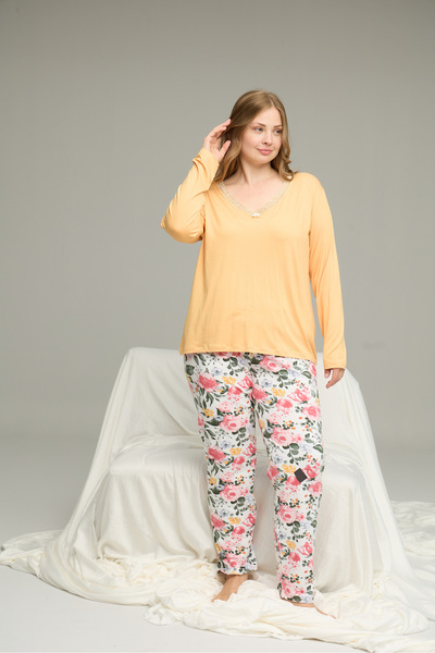 Siyah İnci Yellow Patterned Curve Plus Size Oversize Size Cotton Pajamas Suit25240822