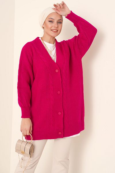 Merterium Women's Hijab Long Knitwear Cardigan Dark Pink 1048