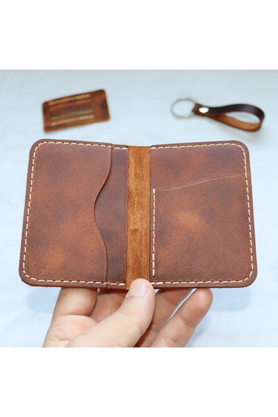 Derici Amca Genuine Leather Handmade Minimal Vertical Card Holder Wallet - Red Brown