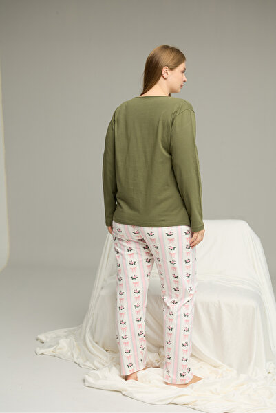 Siyah İnci yeşil desenli Curve Büyük Beden Battal Boy Pamuklu Pijama Takım25240796