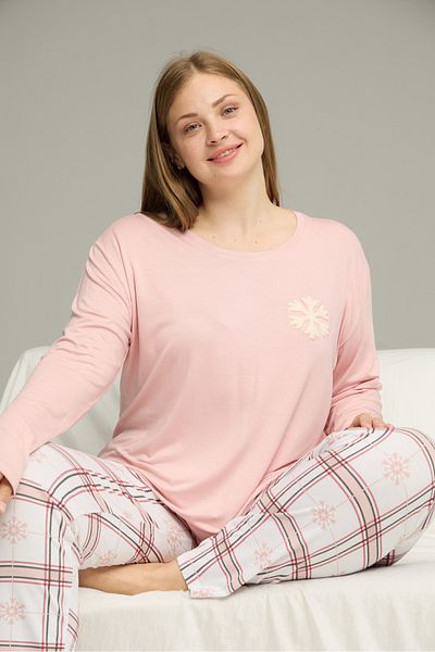 Siyah İnci Powder Pattern Curve Large Size Battal Size Cotton Pajamas Suit25240854