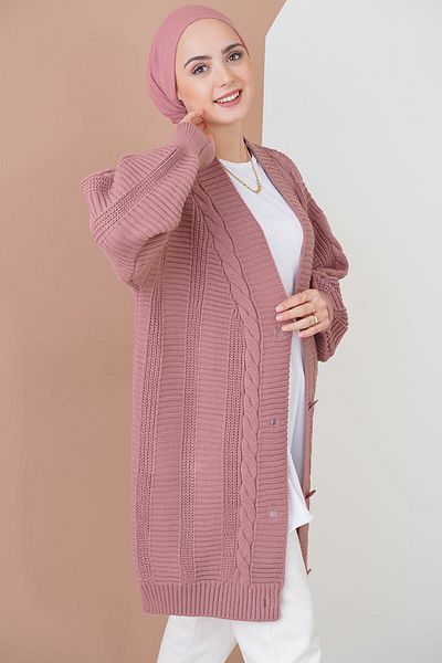 Merterium Women's Hijab Long Knitwear Cardigan Dusty Rose 1048